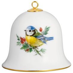 Meissen Miniatur-Glocke, Vintage Vogelmalerei, Blaumeise, Goldrand, H 5 Cm 