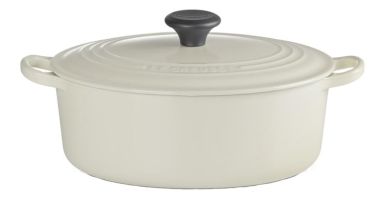Le Creuset Ovaler Bräter Tradition 27 cm mit Phenolknopf Creme 