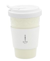 KPM Berlin To-Go Becher Pastellgelb inkl. Weißer Ledermanschette mit Goldener Prägung 