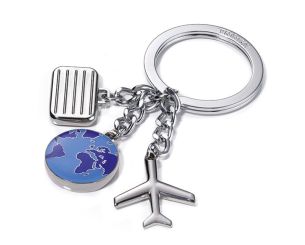 Troika Schlüsselanhänger mit 3 Reise-Anhängern Flugzeug, Koffer, Weltkugel blau 