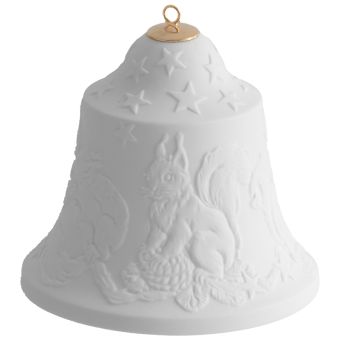 Meissen Baumschmuck Glocke mit Relief Eichhörnchen Weiß Biskuit H 8 cm 