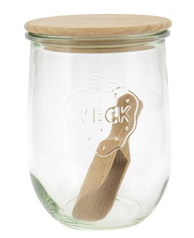 Einkochwelt Weck-Glas Tulpenform 1 l Nr.745 mit 100 mm Holzdeckeln (Buche) mit Silikondichtring 