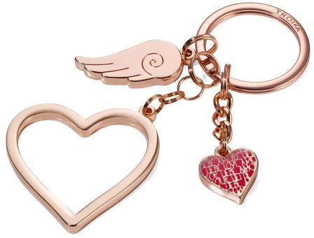 Troika Schlüsselanhänger mit 3 Anhängern Herz groß, Herz klein Flügel rose-gold 