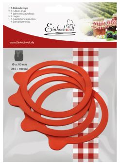 Einkochwelt 4er Beutel Gummiringe 52x80x2,8 mm rot für DrahtbügelGlas rund 255 ml + 400 ml 