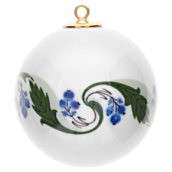 Meissen Baumschmuck Kugel, Mahonienranke, Grün, Früchte, Blau, Weißer Rand, Ø 5 Cm 