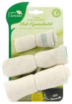 Mea Terra 3er Set Obst- u. Gemüsebeutel 20x20cm, 28x33cm, 40x45cm 100% BIO-Baumwolle 