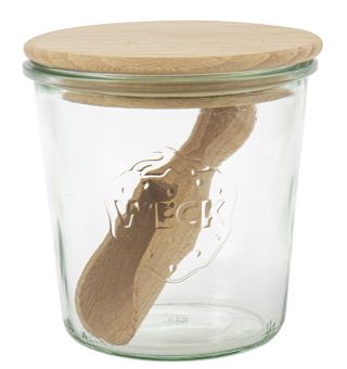 Einkochwelt Weck-Glas Sturzform 1/2 l Nr.742 mit 100 mm Holzdeckeln (Buche) mit Silikondichtring 
